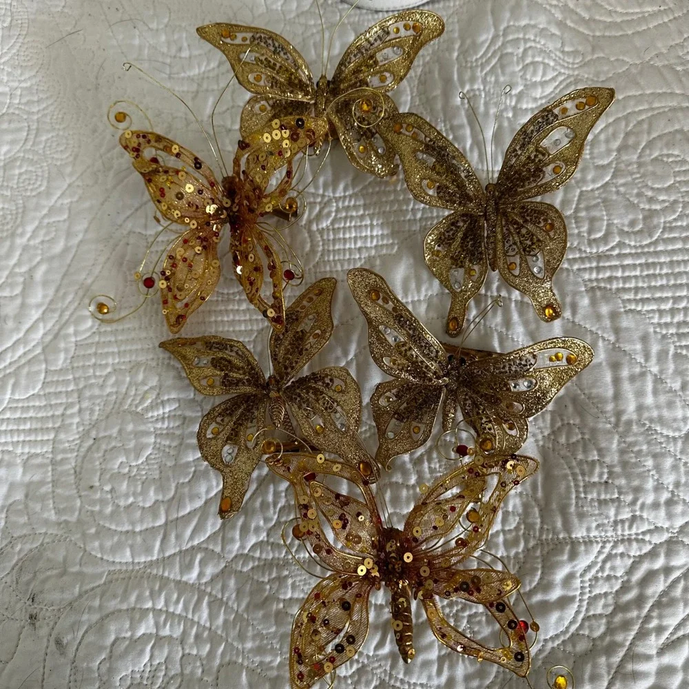 Sparkling‎ Gold Butterfly Embellishments Clip On Set of 5 Holiday Decor Accents